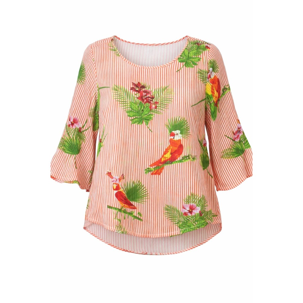 Lemon Way Blouse Womens‎ XL Tropical Parrot Striped Long Sleeve Orange Green Top